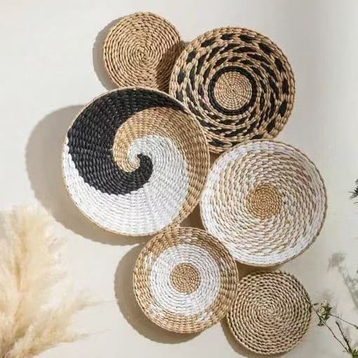 Bohemian Wall Hanging Basket Set, Wall Decor Woven Grass Decoration for Guesthouse, Living Room, Handmade Hanging Ornament