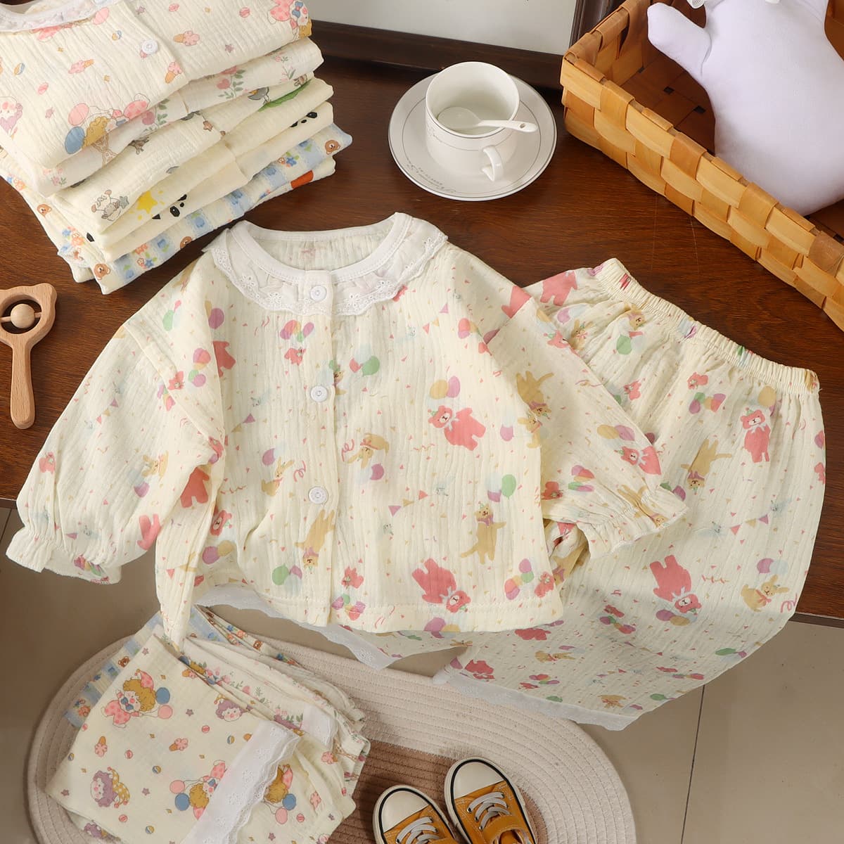 Girls' Pure Cotton Cardigan Pajamas, Children's Three-Quarter Sleeve Homewear, Thin Baby Double-Layer Cotton Gauze Air-Conditioned Clothing Set