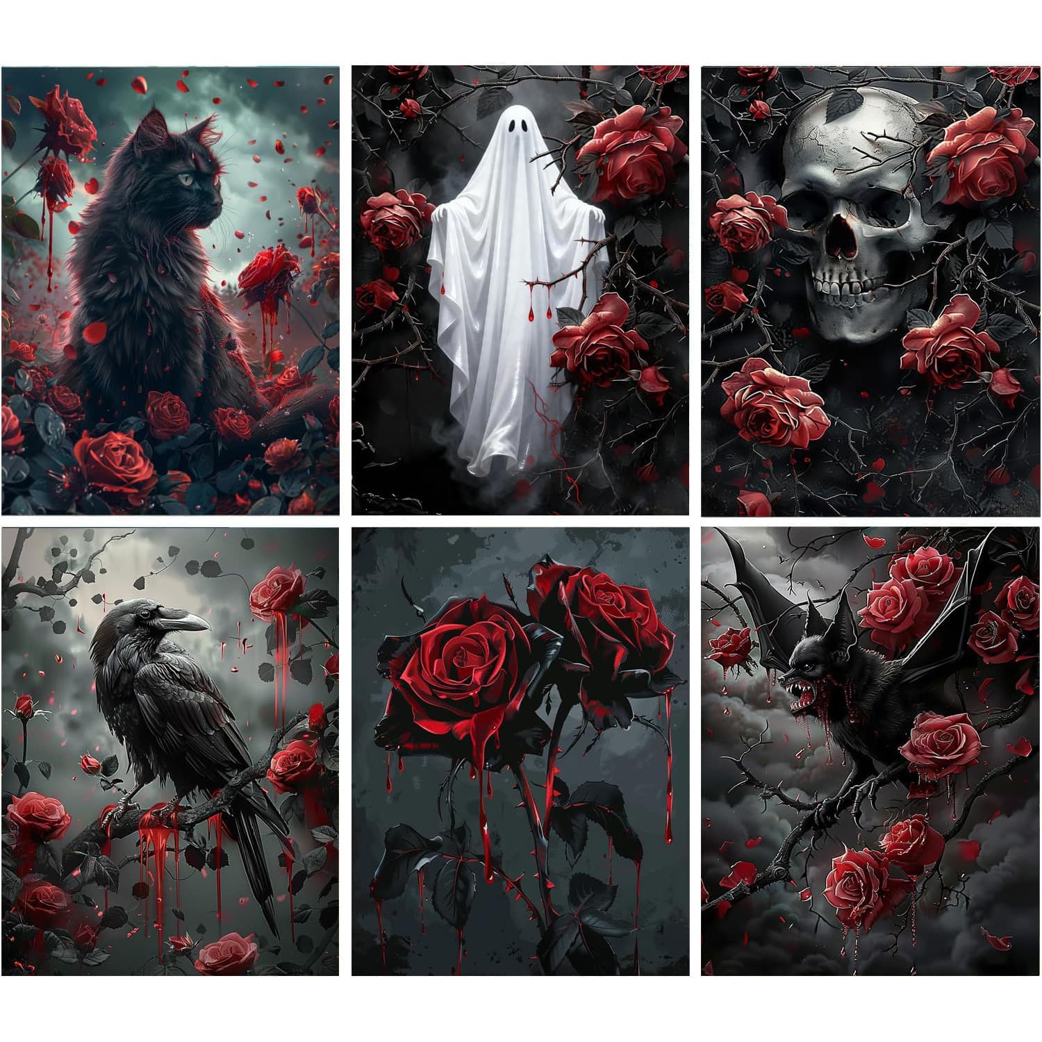 New 6-piece set 5D diamond painting Gothic dark style skull rose full diamond sticker cross-border decorative painting