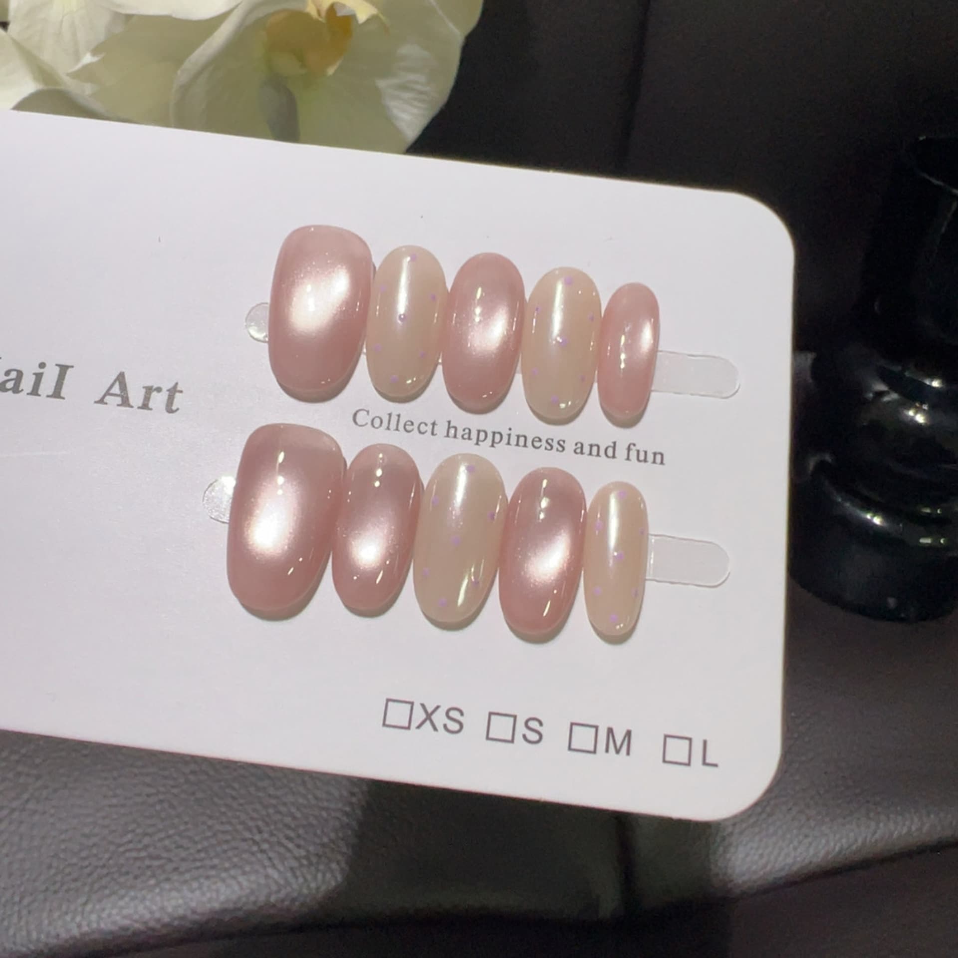 Pink Purple Light-Reflecting Korean Style Clear Nude Pink Glass Bead Cat Eye Purple Polka Dot Press On Nails That Brighten Skin Tone and Are Versatile