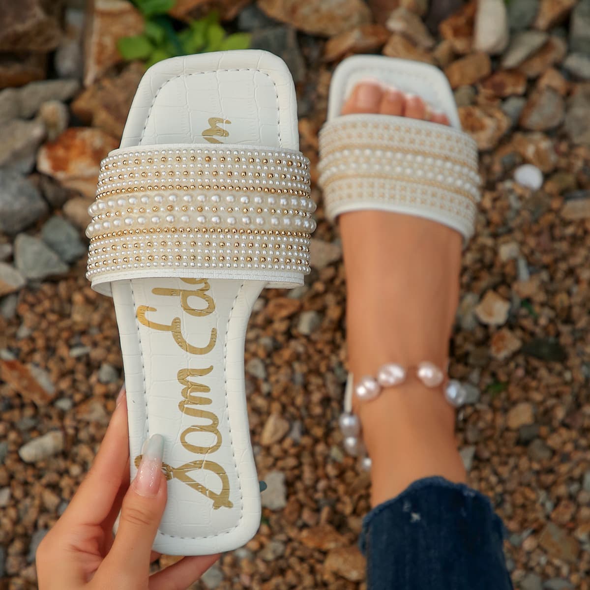 [Cross-border Trade] Plus Size Open-Toe Pearl Flat Sandals for Women Summer Fashion Square Toe Solid Color Thick Sole Slippers