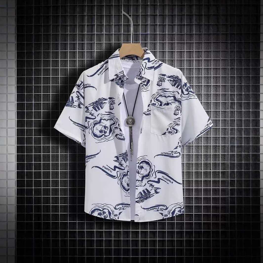 Cross-border 2025 New Short-sleeved Shirt Men's Ice Silk Breathable Summer Korean-style Trendy Printed Shirt Half-sleeve Shirt