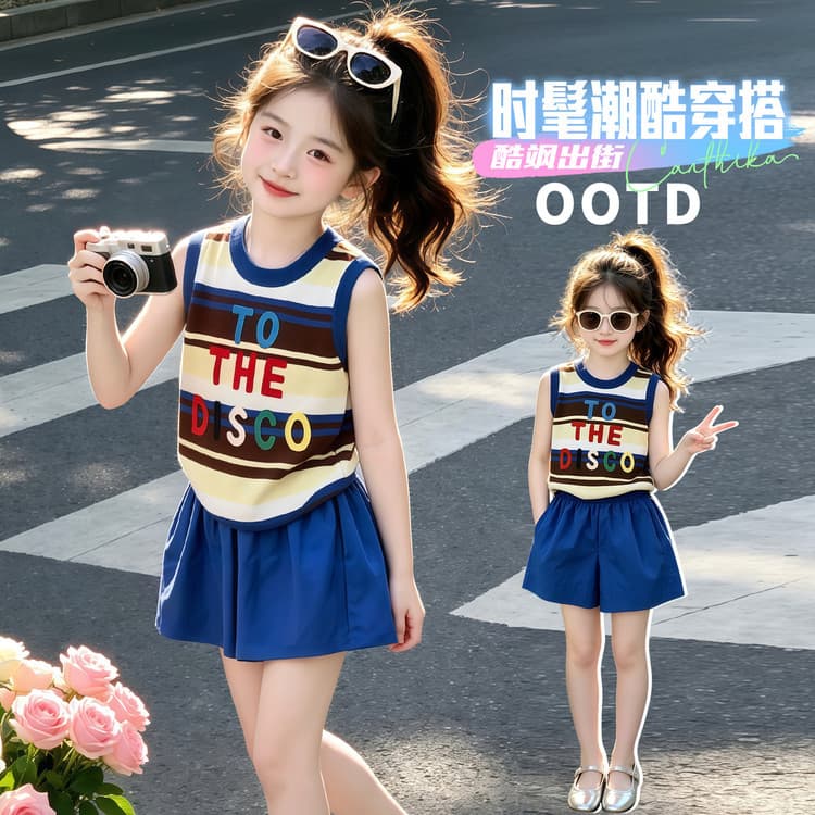 2026 Girls Summer Set, Dopamine Striped Letter Vest and Shorts Two-Piece Set, Breathable Kids Clothing Wholesale