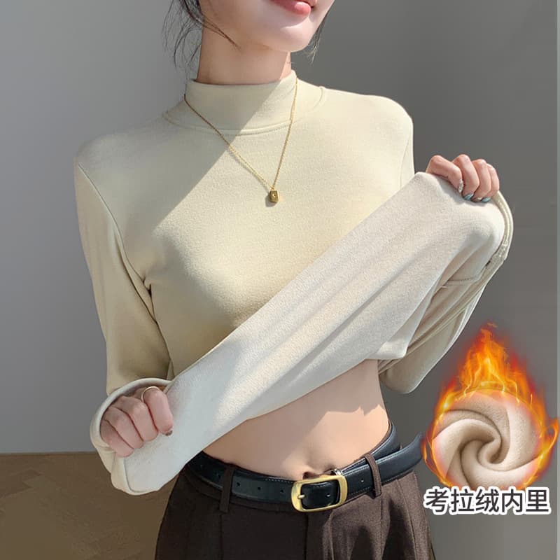 H561 semi-high neck wool base layer women's autumn and winter inner wear integrated fleece thickened slim warm long-sleeve top.