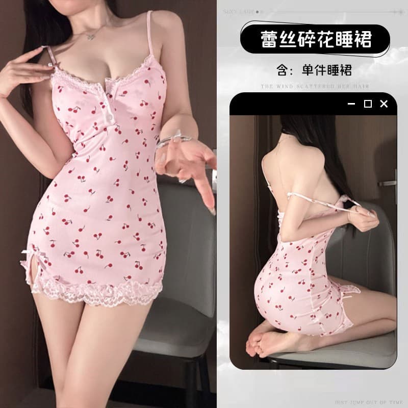 Lace Trim Floral Print Chemise Nightgown Cherry Sweet Style Summer Casual Cute Sleep Dress