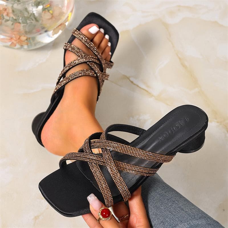New Fashion High Heel Slippers for Women Rhinestone Export Large Size Cross-border Summer Slippers Ladies Slipper Heels