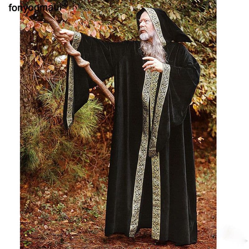 European and American Halloween Wizard Hooded Cloak Vintage Medieval Style Coat Thick Warm Front Closure with Ribbon Trim Cape