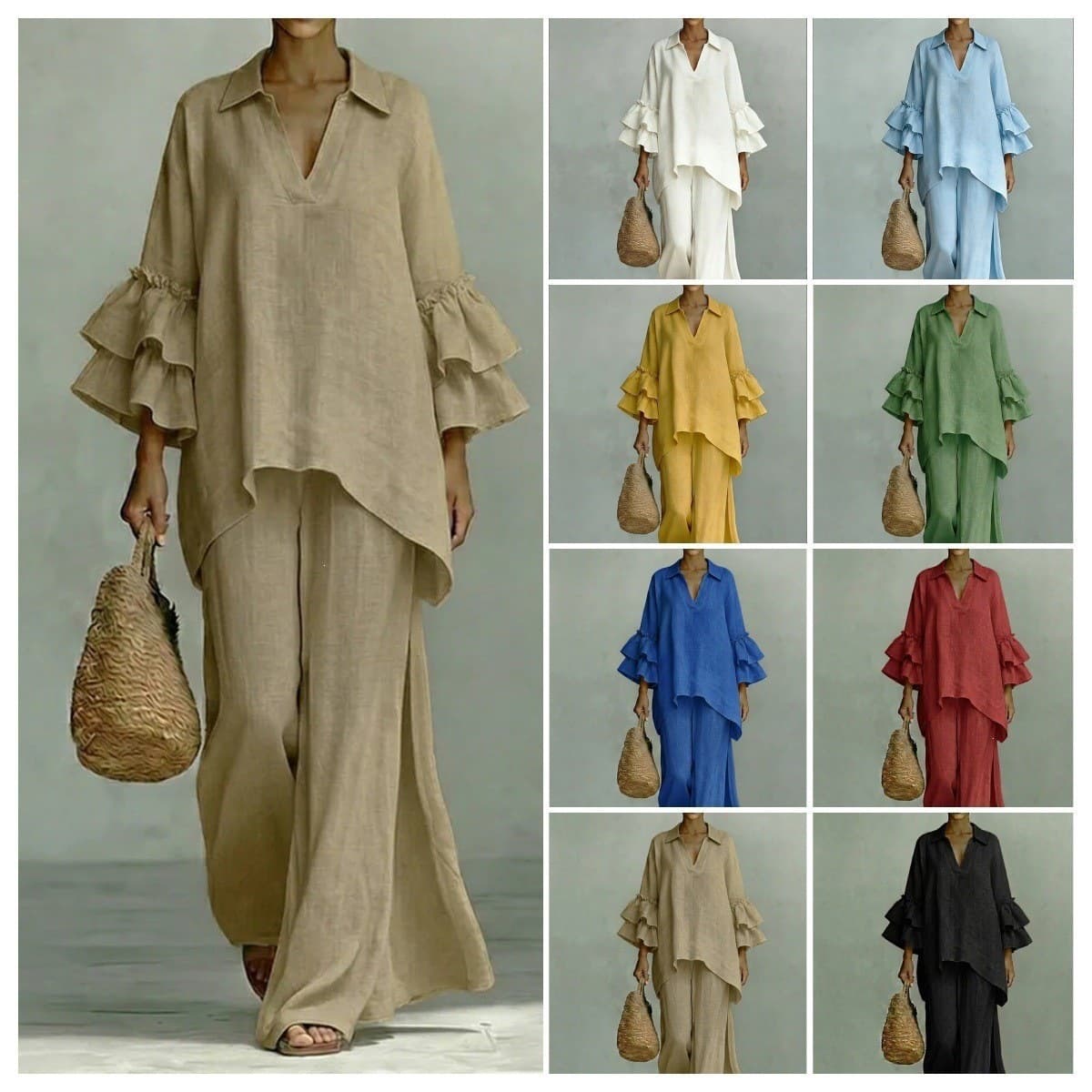 2026 European and American cross-border women's fashion casual solid color shirt collar loose casual trousers two-piece suit women's clothing