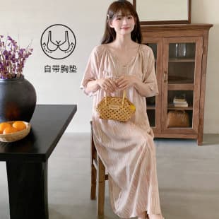 Cotton Silk Nightgown for Women with Built-in Bra, Thin Sweet Short Sleeve Dress Pajamas Wearable, Lyocell Long Nightgown