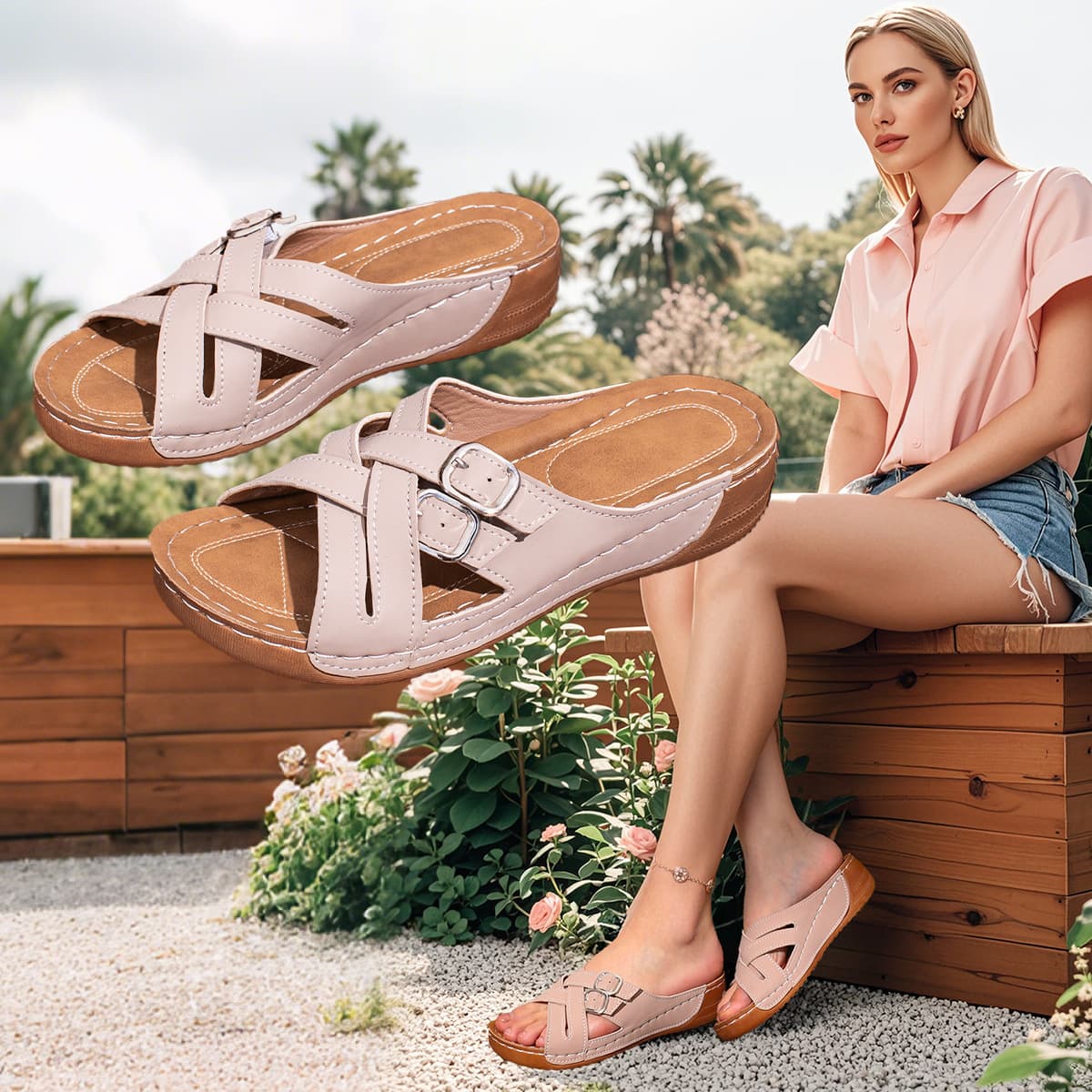 European and American Cross-Border Plus Size Solid Color Women's Slides 2025 New Model Peep-Toe Platform Fashion Belt Buckle One-Strap Sandals