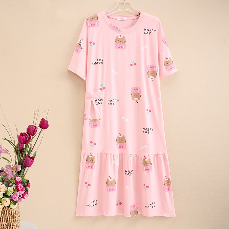 Knitted Cotton Simple Short-Sleeve Dress Plus Size Loose Fit for Plus-Size Women Round Neck Cartoon Bear Nightgown Women's 100kg Loungewear