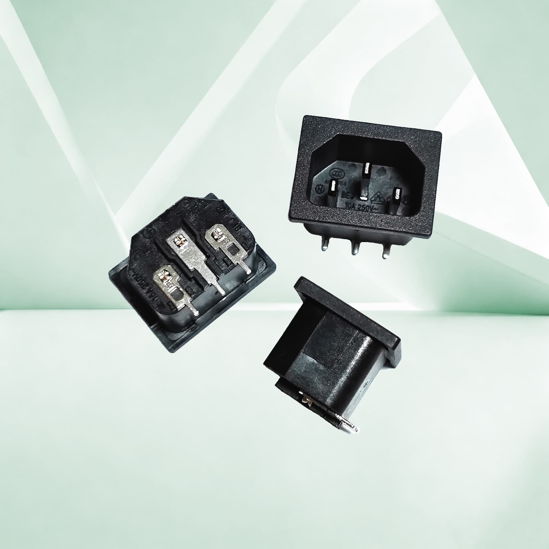 Stock item: Solid copper straight-leg AC power socket with three-pronged connector, DB-14 male type.