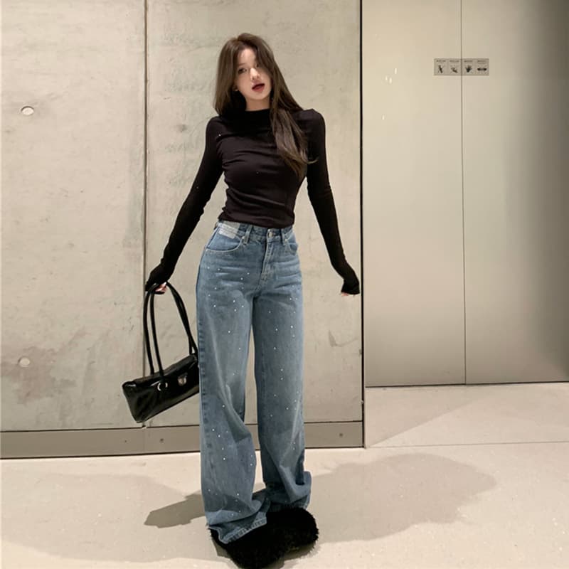 Qicheng Women's Straight-Leg Jeans Autumn New Style with Sparkling Starry Rhinestone High-Waist Loose Wide-Leg Floor-Length Pants