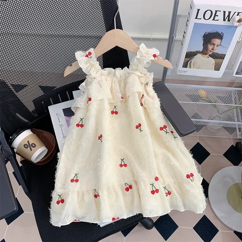 Girls' Dress 2026 New Summer Children's Cherry Print Fashionable Ruffle Strap Princess Dress for Cross-Border