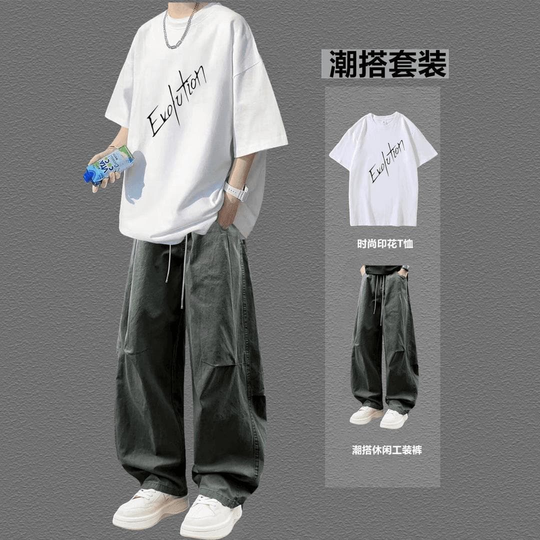 American Style Short Sleeve T-Shirt for Men, Summer Set for Youth, Handsome Student Trendy Casual Loose Fit