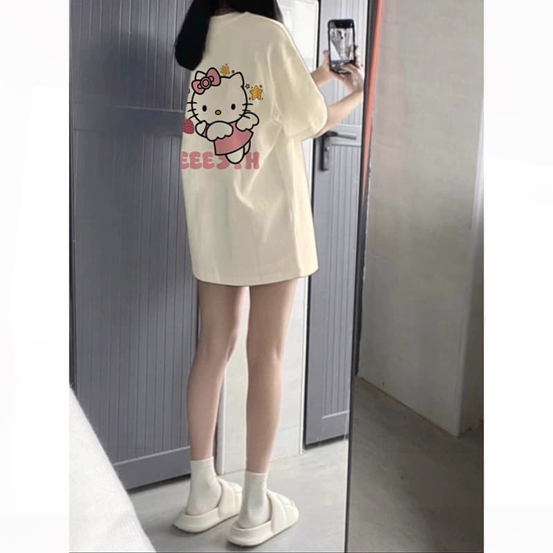 Kitty Cat Short Sleeve T-Shirt for Women, Pure Cotton Summer White Design, Cute and Sweet Loose Fit Top