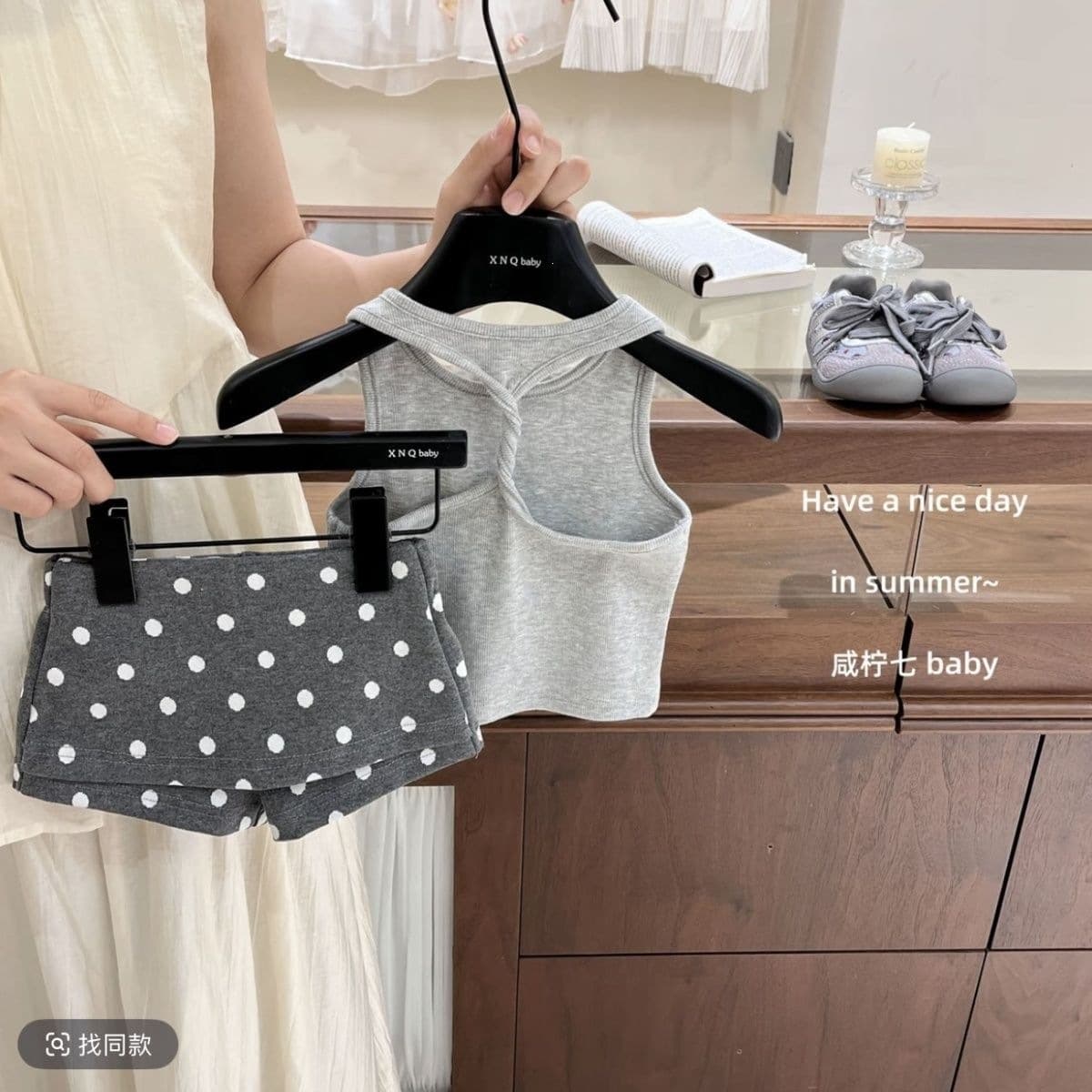 Korean Style Girls Summer Outfit Set Trendy Twist-Back Cutout Tank Top Grey Polka Dot Shorts Casual Two-Piece Set Cotton