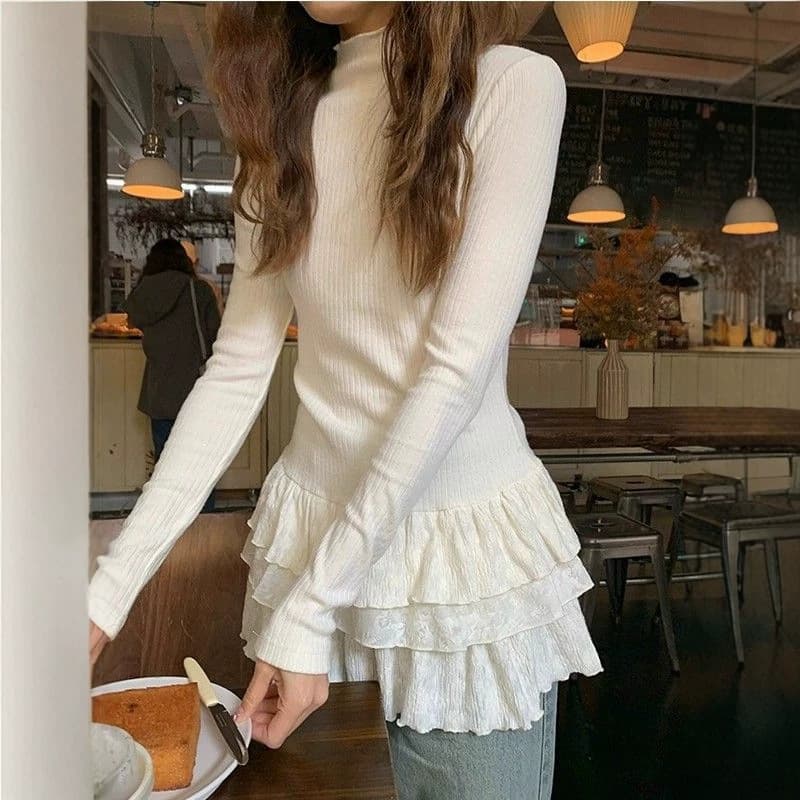Spring, Autumn and Winter New Style Half Turtle Collar Long Sleeve T-Shirt Women's Cake Skirt Slim Fit Lace Inner Bottoming Shirt Trendy Top