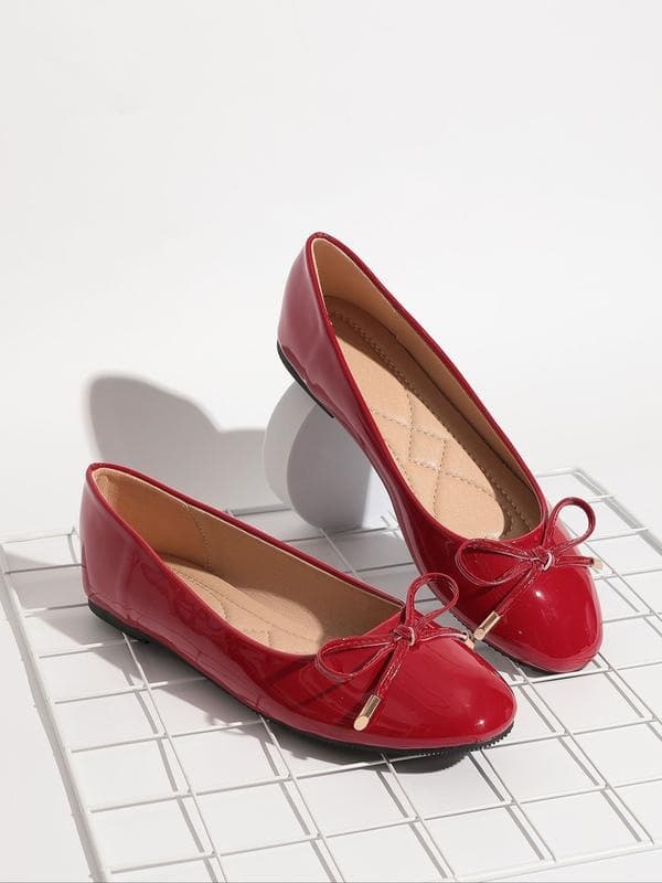 B 80342 Red Ballet Flats Bow Round Toe Shoes
