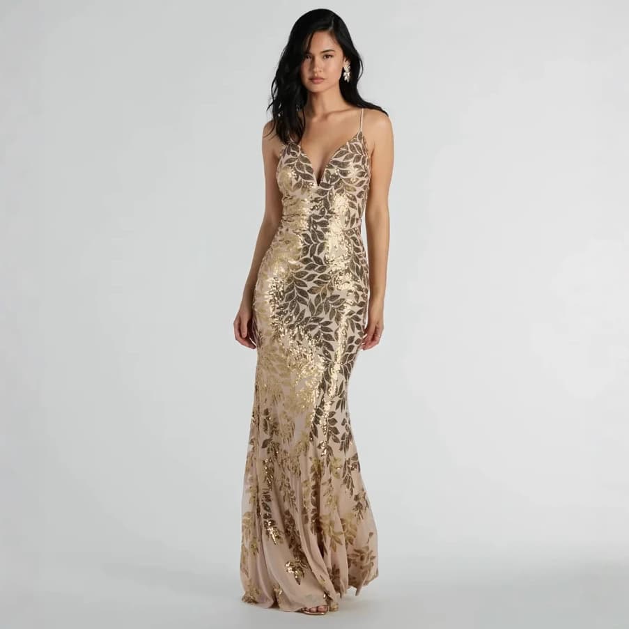 Cross-border foreign trade European and American Amazon dress women's plant floral sequin slim fit V-neck long skirt temperament sleeveless