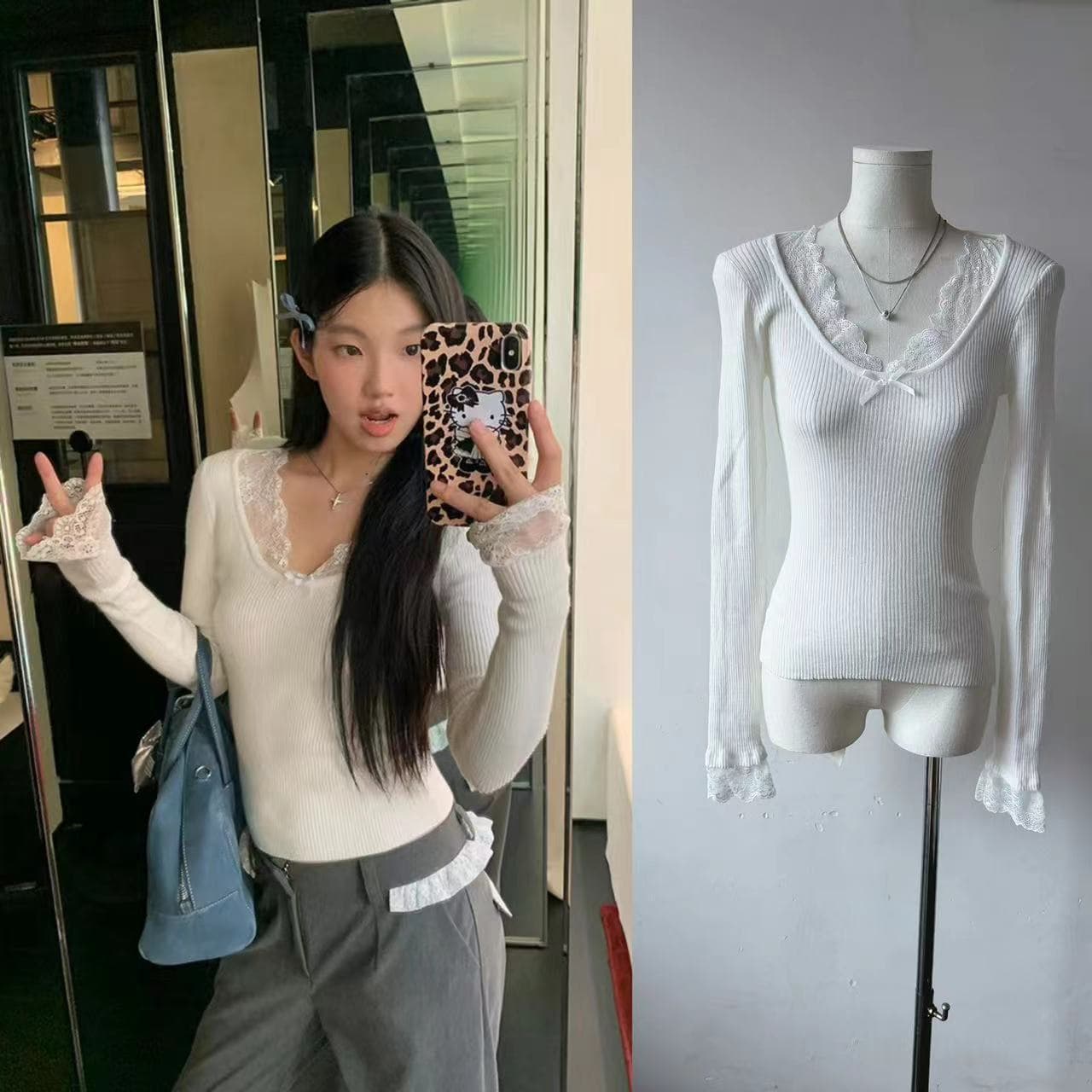 Kumikumi Pure and Sexy Lace Patchwork Long-Sleeve Knit Top for Women, Early Autumn Cropped Stretchy Slimming Fit