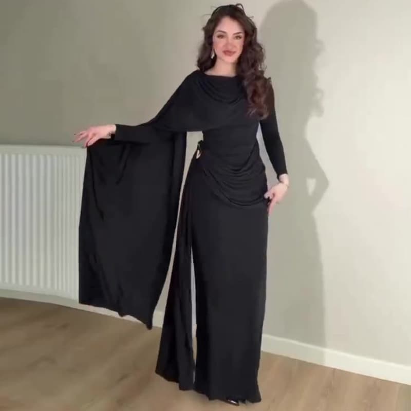 2026 New Arrival European and American Amazon Cross-border Women's Fashion Shawl Long Sleeve Pleated Slim Elegant Long Dress