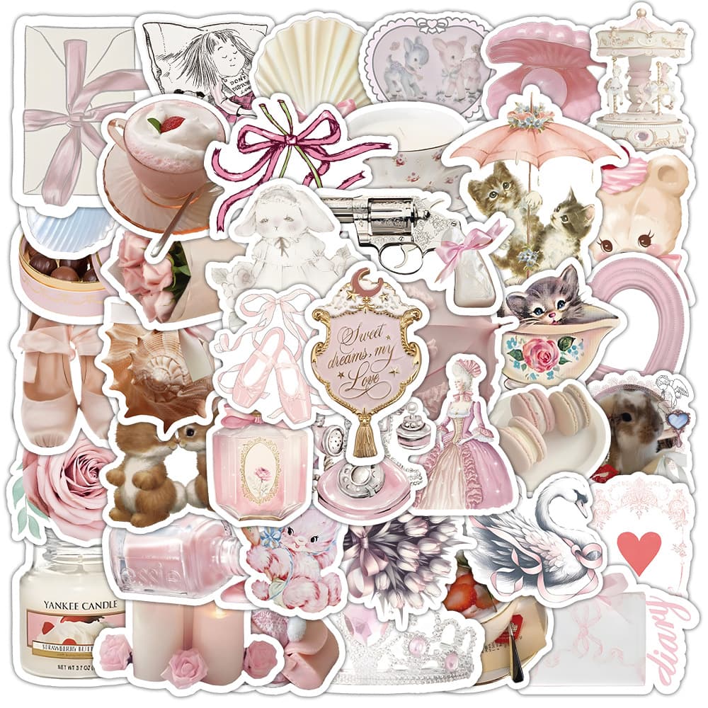 50 Pieces of Coquette Stickers Cross-Border Korean Ins Pink Fresh Phone Case Waterproof Decorative Stickers Wholesale