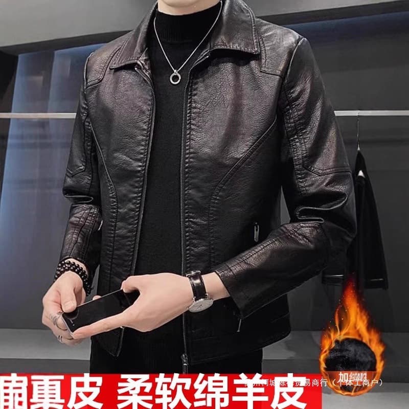 Men's Genuine Leather Jacket New Slim Fit Faux Leather Biker Coat Korean Style Casual Warm Lined Turn-down Collar Motorcycle Outerwear