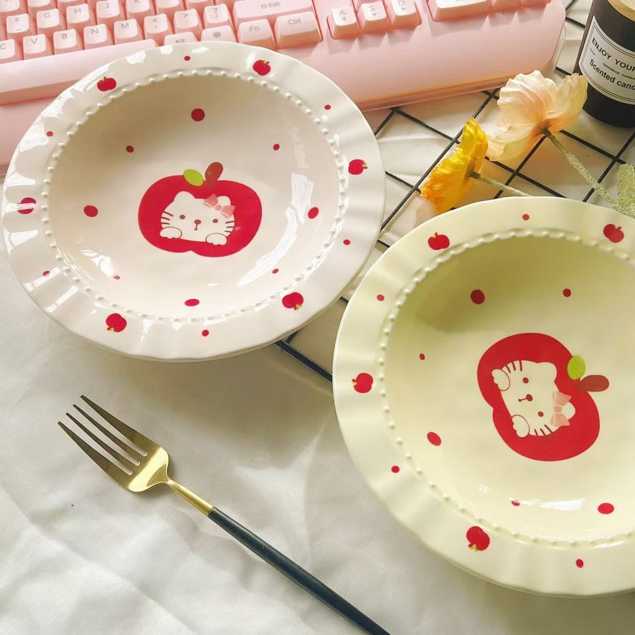 Apple Cat Ceramic Dinner Plate French Style High Aesthetic Value Western Dining Utensils Dessert Breakfast Plate Home Use