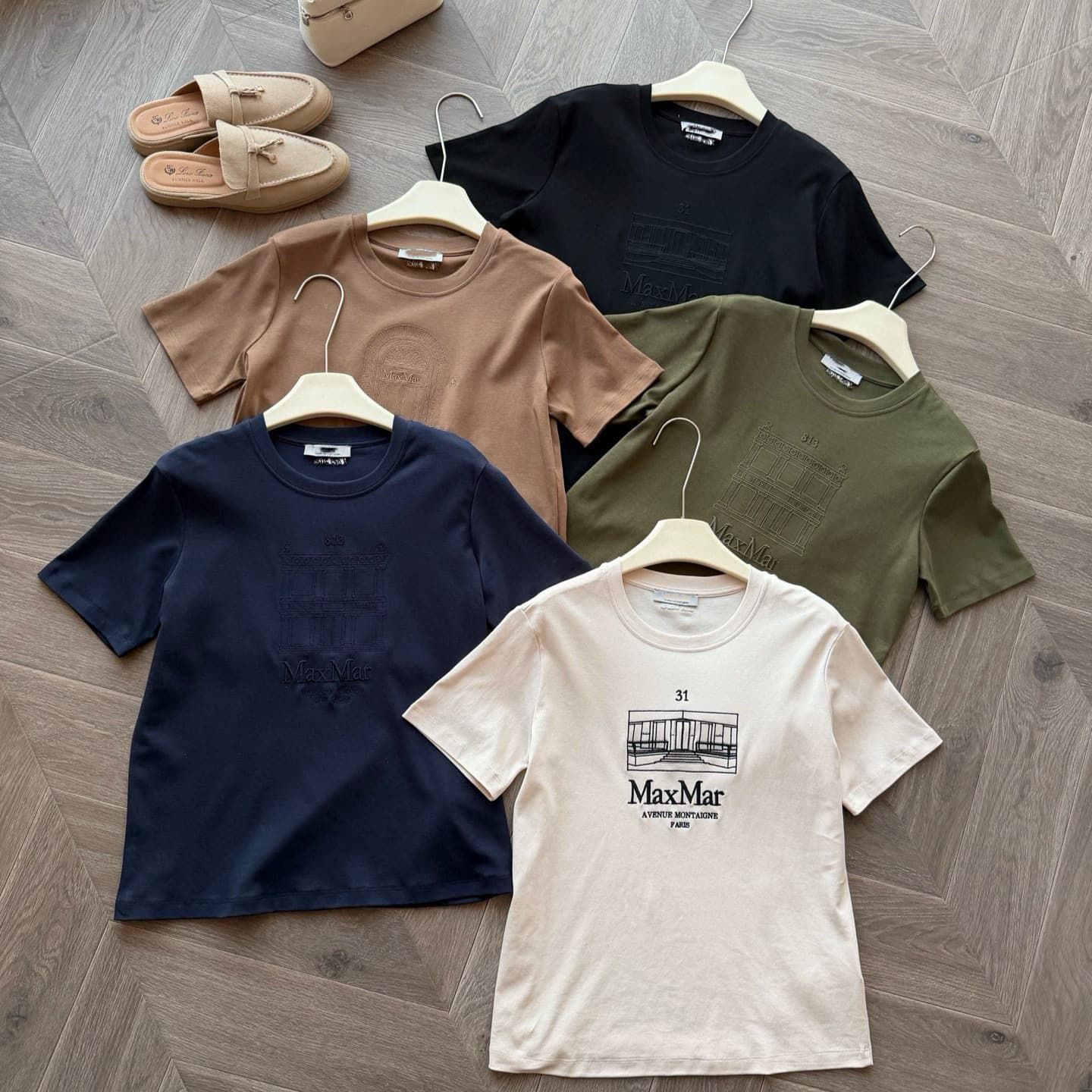 High Quality 26S New MAX Architecture S Series Embroidered Women's Short Sleeve T-Shirt Retro Architecture Cotton Round Neck 5 Colors T-Shirt