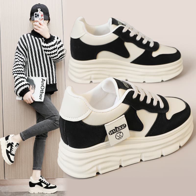 W3681 Thick Bottom Breathable Sports Shoes Color Block Design Wear-Resistant Inner Heightening for Students Casual Style
