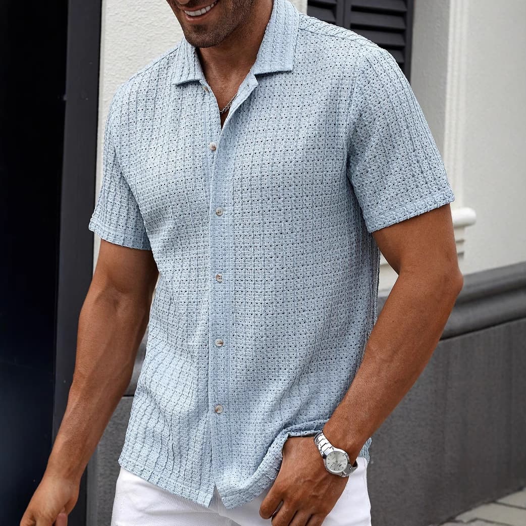 Temu Shein Amazon Cross-Border Export Men's Casual Striped Shirt Lapel Short-Sleeved Top