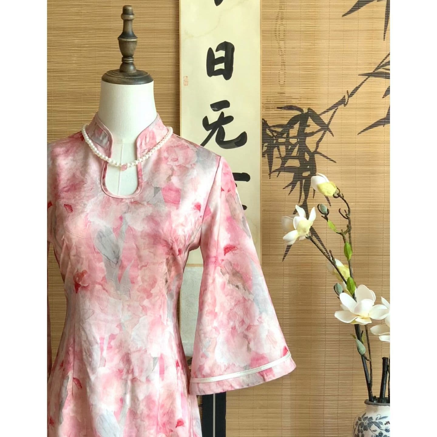New Chinese Style Pink Improved Cheongsam Niche Design Autumn Waist-Cinching Cool Printed National Style Skirt for Women