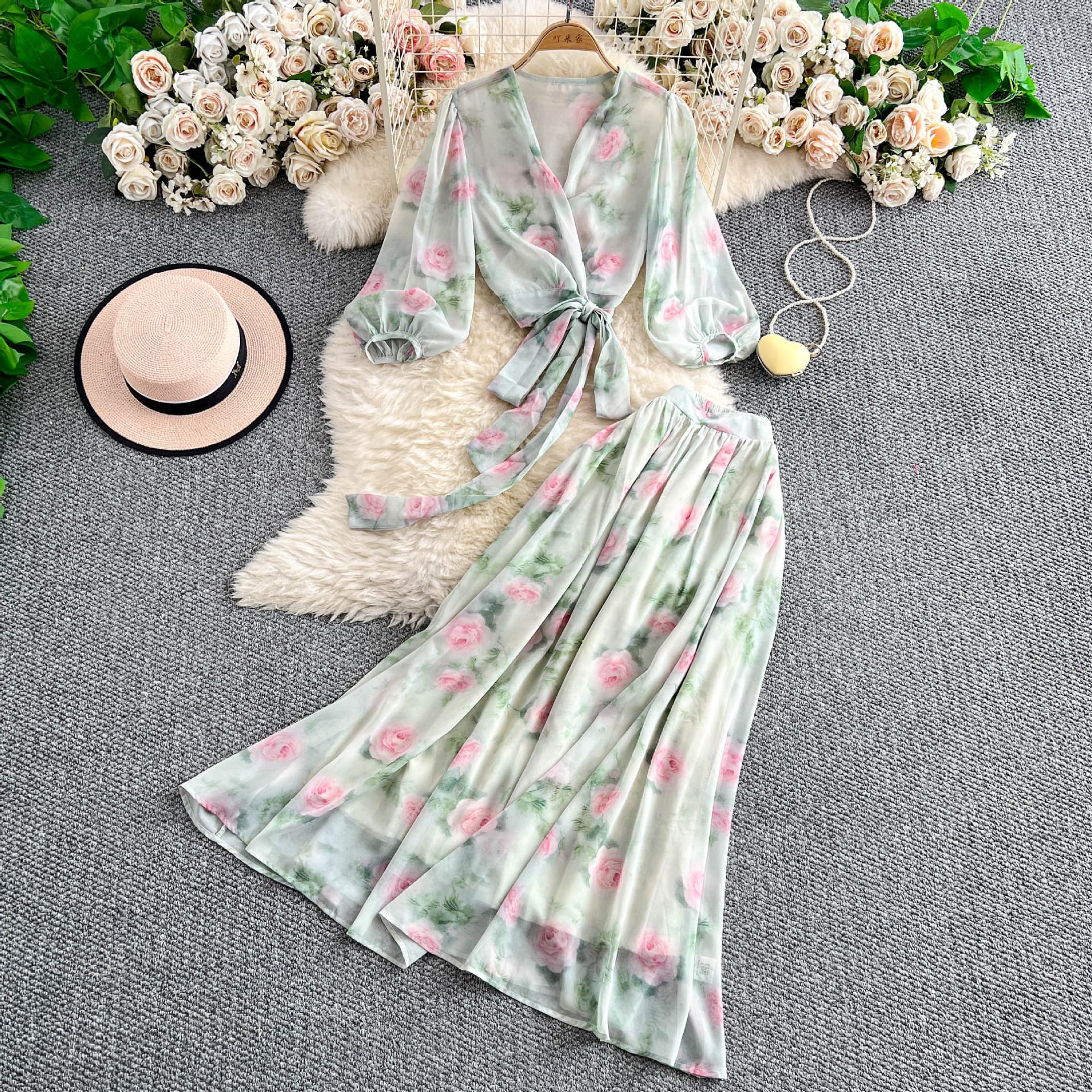 Summer New Outfit Set for Women, Sweet Rose Floral Short Twist Top + High Waist Slimming Skirt