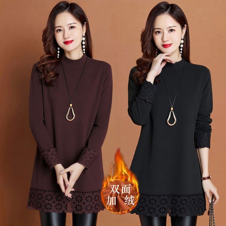 Drop Shipping Hot Sale Lace Patch Double-Sided Fleece Base Layer 2025 Autumn Winter New Versatile Mid-Length Top for Women