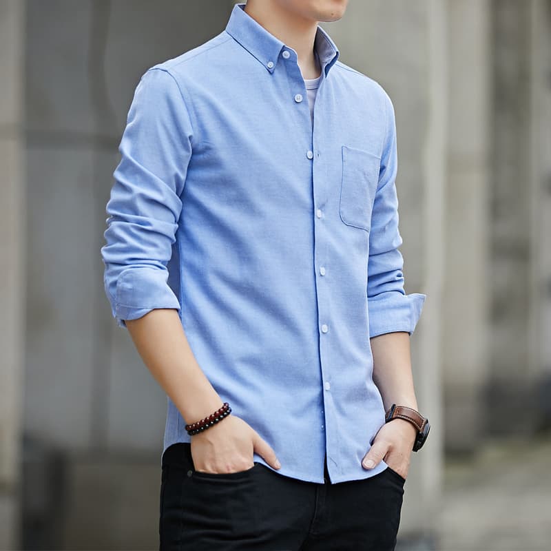 2024 New Men's Long Sleeve Oxford Casual Shirt Slim Fit Korean Solid Color Shirt