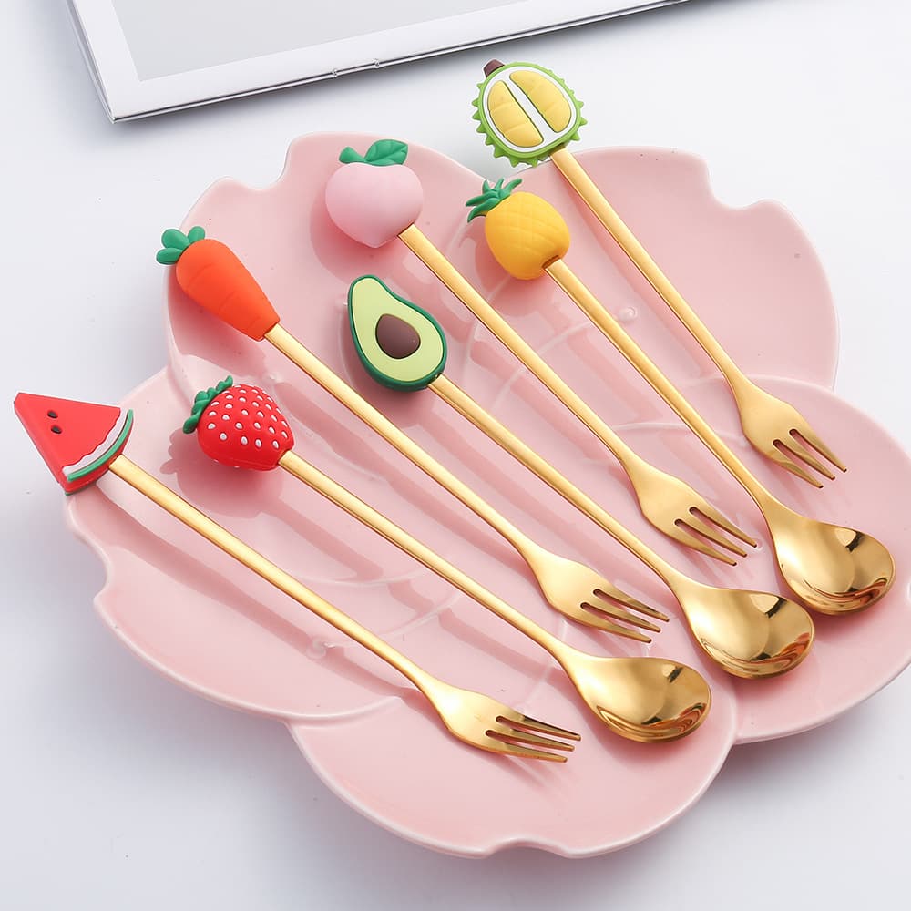 Cartoon fruit fork and spoon, strawberry spoon, dessert cake fork, stainless steel coffee spoon, cute children's Christmas tableware