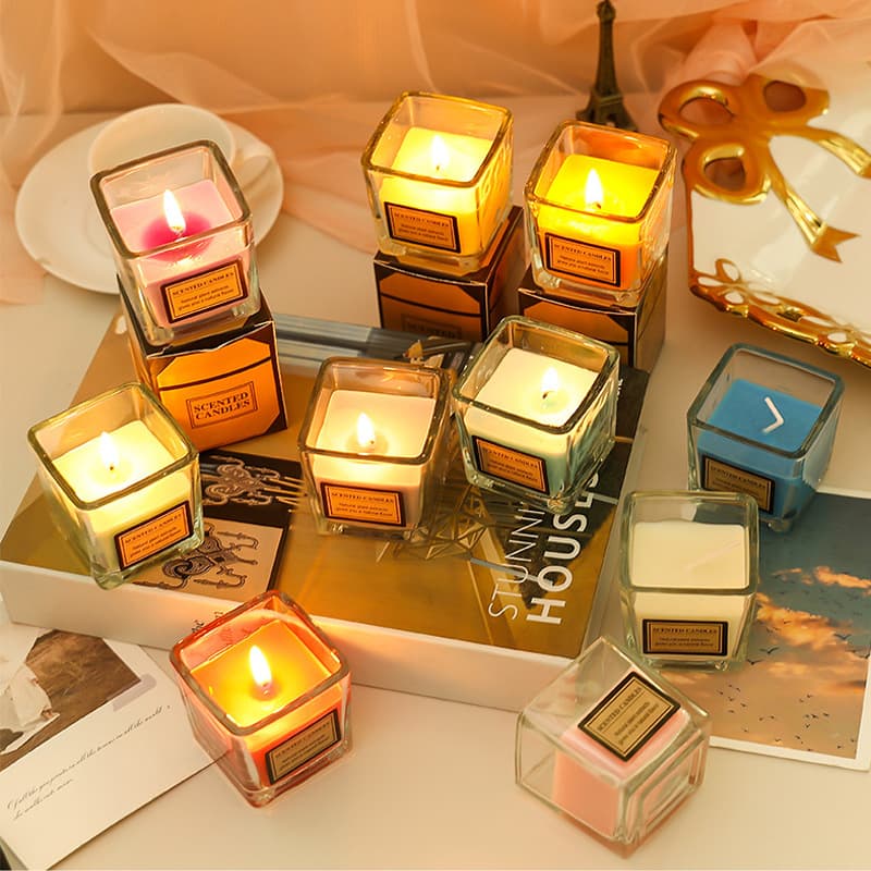 Candy-Colored Trendy Scented Glass Square Cup Candle Bedroom Home Fragrance Decoration Small Fresh Wholesale Scented Candle
