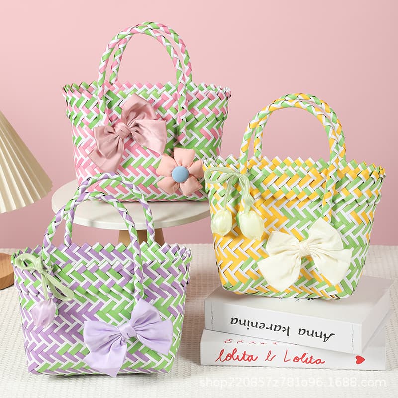 DIY Green Oil Painting Style Woven Bag with Sunflower Blossom Design, Portable Rattan Weaving