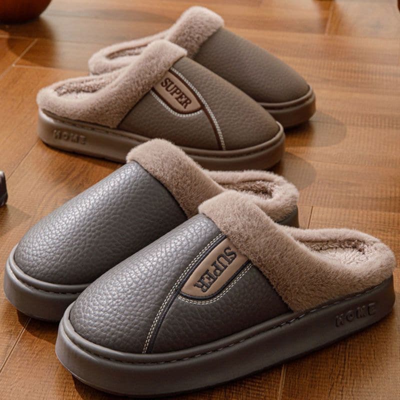 2025 New Men's and Women's Winter Waterproof Leather Slippers, Fleece-Lined and Thickened, Indoor Anti-Slip, Warm, Suitable for Outdoor Wear