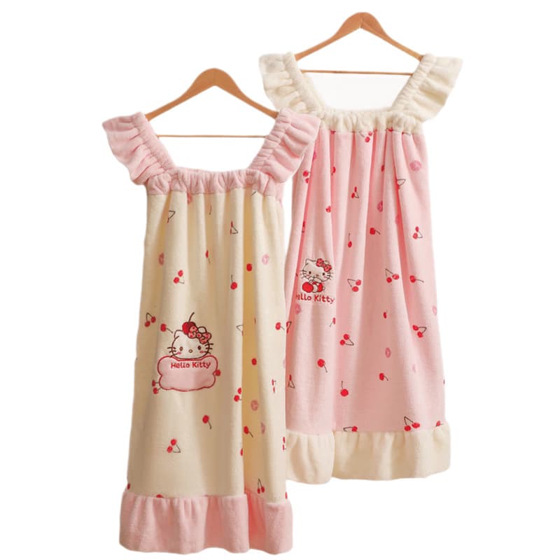 Hello Kitty Cherry Series Coral Fleece Bathrobe - Wearable and Wrapable, Quick-Dry, Cute Princess Style