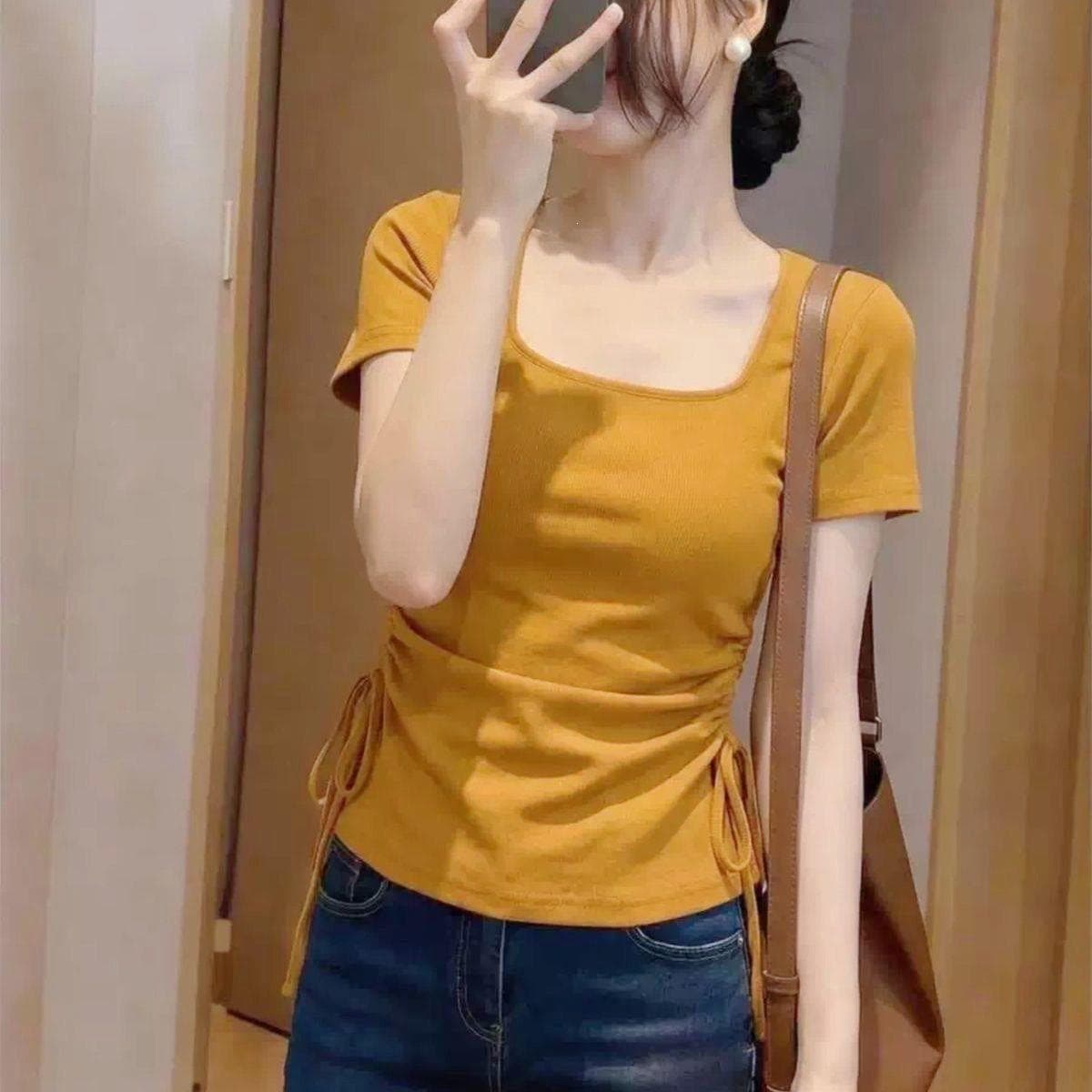 Pumpkin Orange Square Neck Regular Shoulder Short Sleeve T-Shirt Women 2026 Summer New Plus Size Drawstring Waist Slimming Top