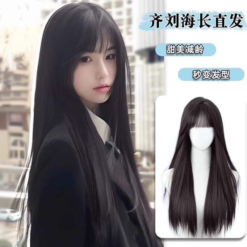 Long Black Straight Wig Full Headpiece Realistic Hair Bangs Long Straight Hair Tomie Cos Natural Seamless Fluffy Wig