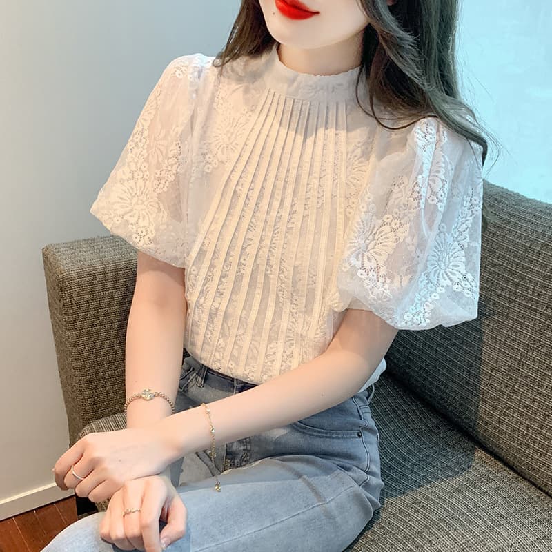 In Stock Real Photo 2023 Summer New Korean Style Versatile Round Neck Lantern Sleeve Short Sleeve Lace Top for Women