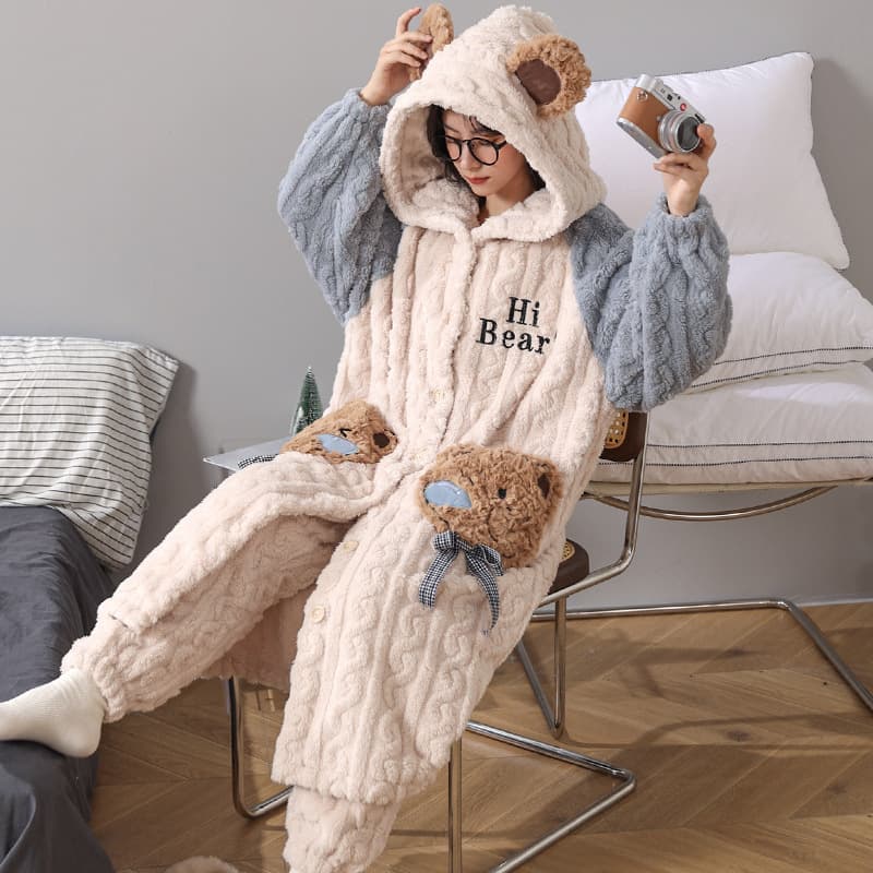 Coral Fleece Pajamas for Women, Thickened and Fleece-Lined Winter Bathrobe, Mid-Length Cartoon Cute Flannel Homewear Set