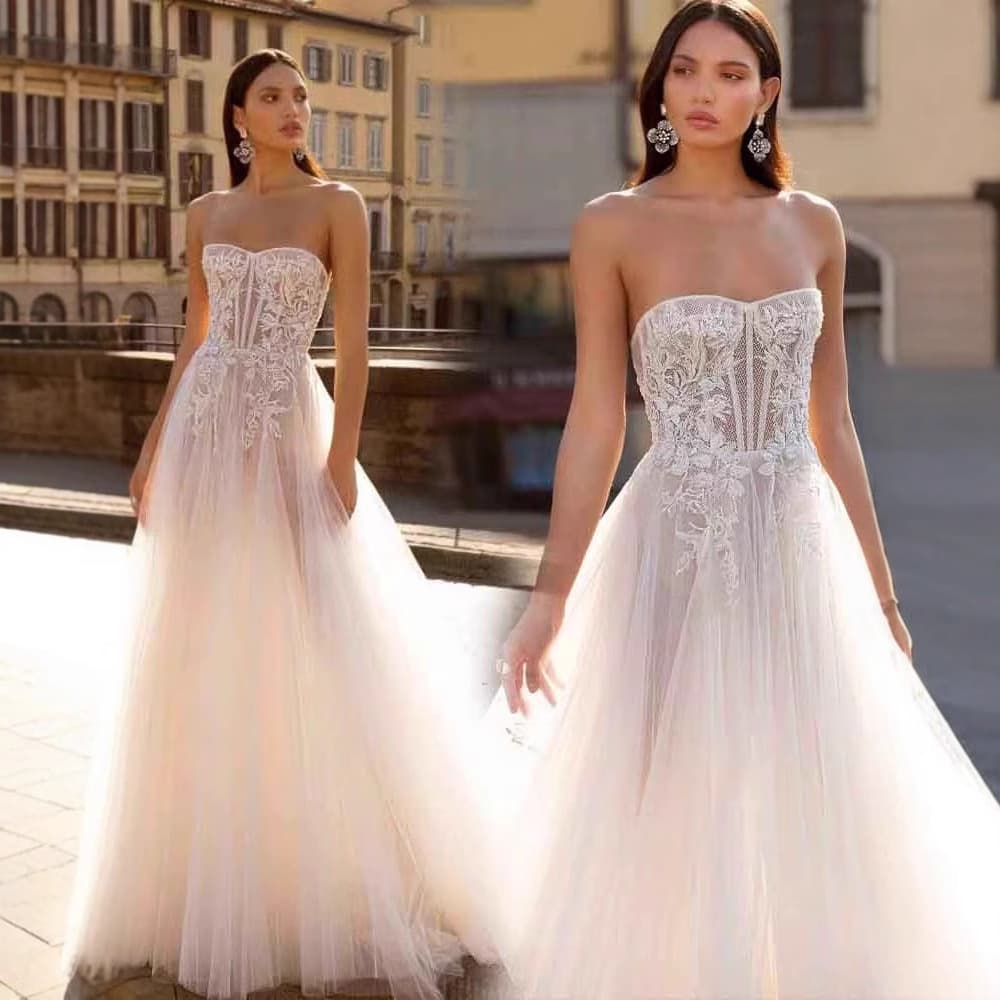 Strapless Wedding Dress European and American Mesh Lace Dress New Arrival Amazon Cross-border Street Photography Light Tulle Bride Evening Gown