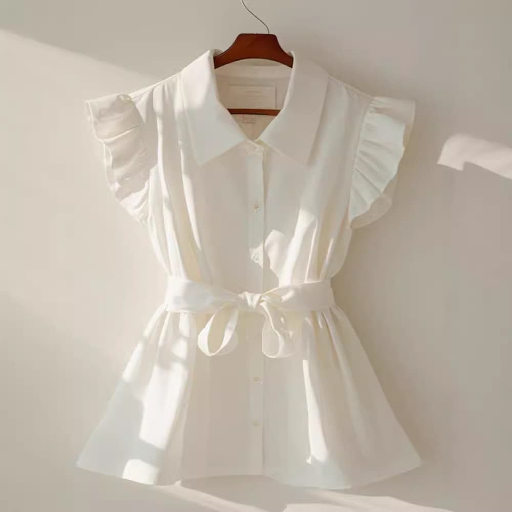 Elegant Women's Korean Style White Shirt With Button Fitted Waist Summer Top Beautiful Fairy Sleeves Casual Ladies Blouse