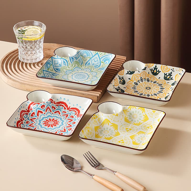 New Chinese-style Ceramic Dumplings Plate with Vinegar Dish Hand-painted Dielectric Plate Dip Dish Dish Dish Household Sushi Plate snack plate