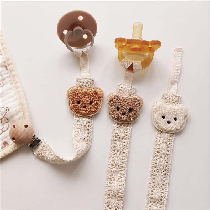 Ins Style Bear Head Lace Pacifier Chain Baby Pacifier Clip Beech Wood Teether Anti-Drop Chain Anti-Loss Strap