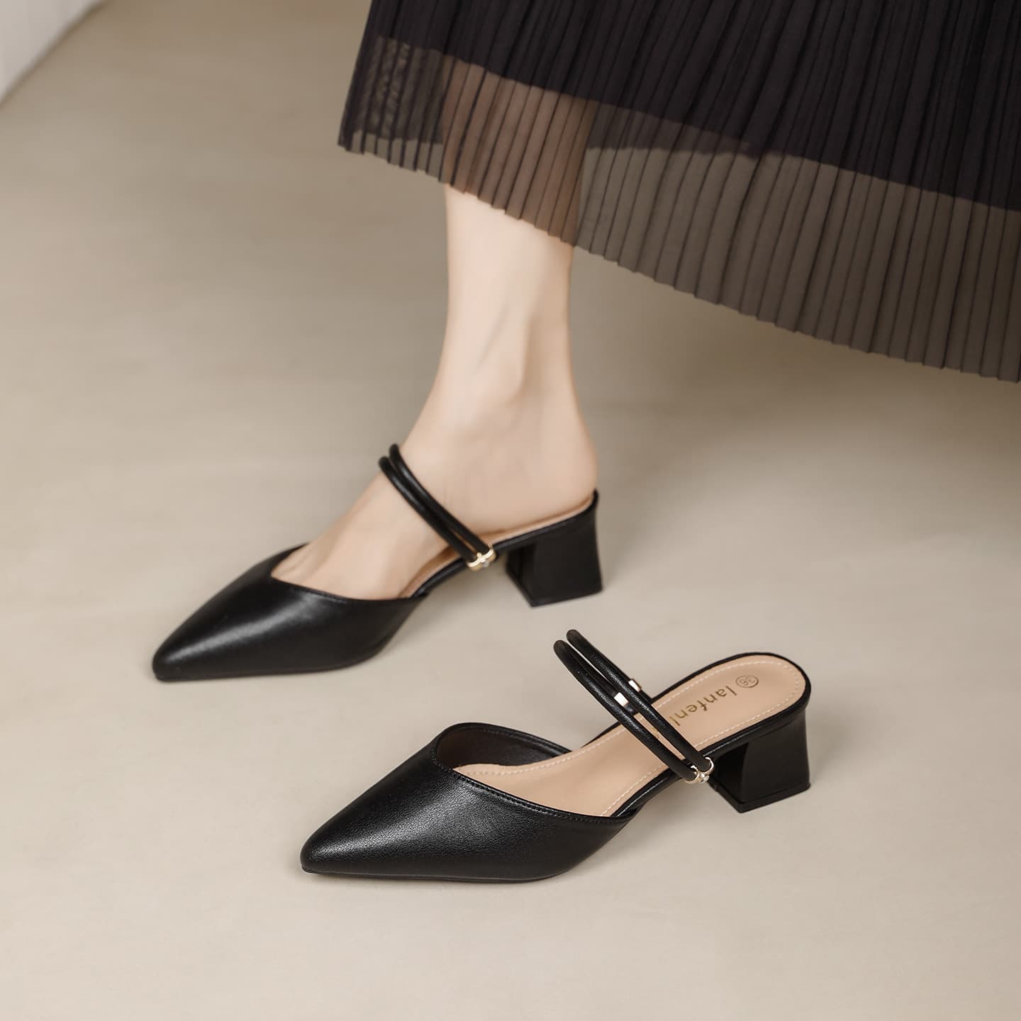 Women's Sandals 2026 New Fashion Temperament Baotou Pointed Toe Medium Heel Sandals Two-Wear Versatile Thick Heel Sandals Slippers for Women